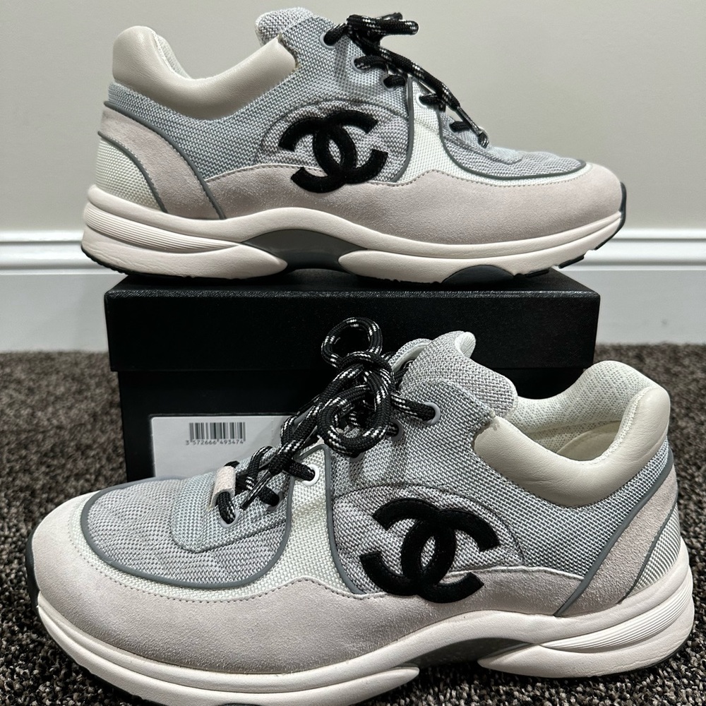 Chanel CC Logo Quilted White / Grey Suede Trainer Sneakers